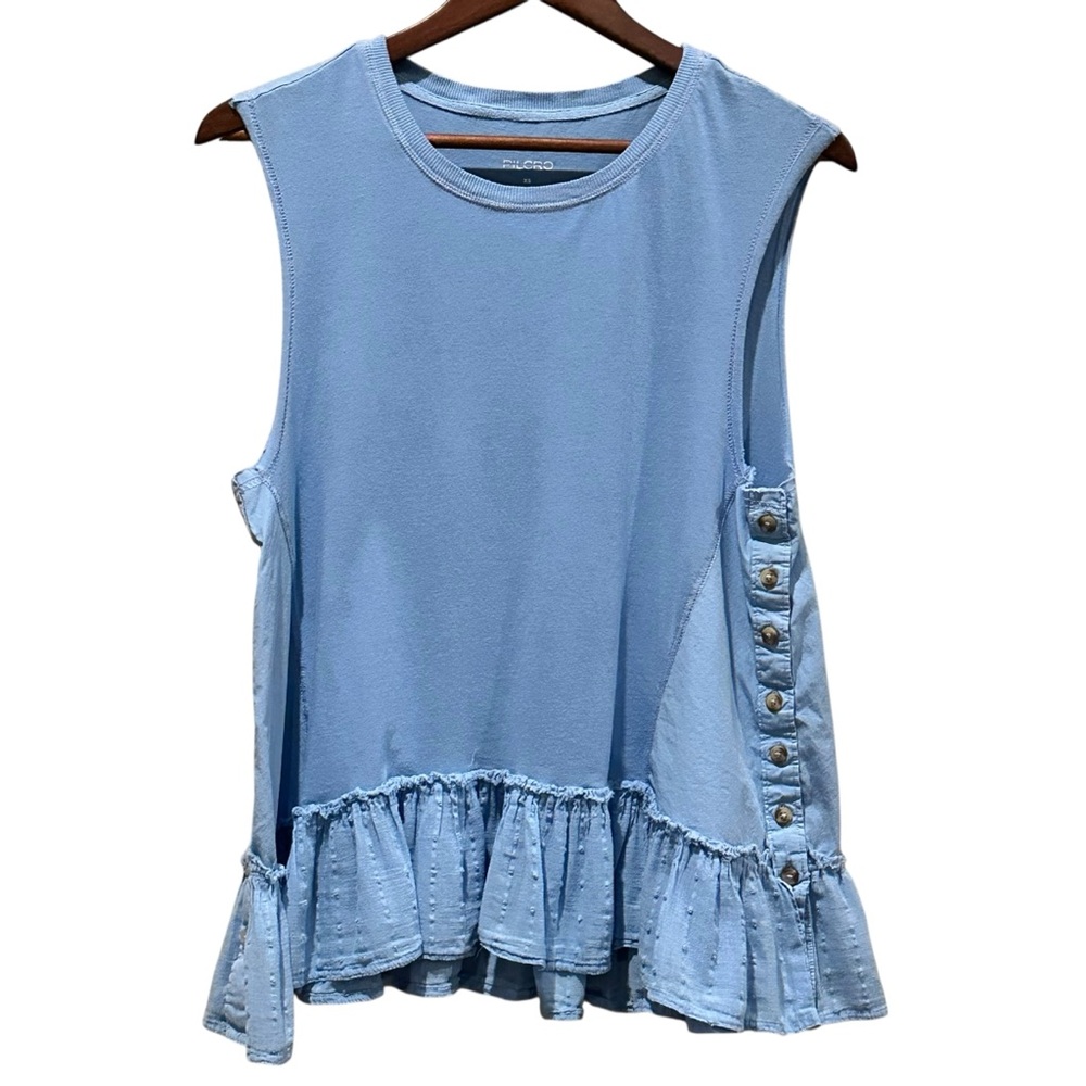 (Sold) Anthropologie Ruffle Hem Button Side Oversized Light Blue Tank Size XS - Picture 2 of 10